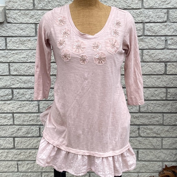 LOGO pink whimsical top with pretty beading detail. 3/4 sleeves.